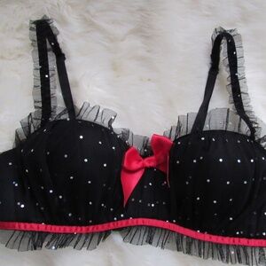 FREDERICK'S of HOLLYWOOD Black Sheer Trim Beaded Adjustable Strap Hook & Eye 32B